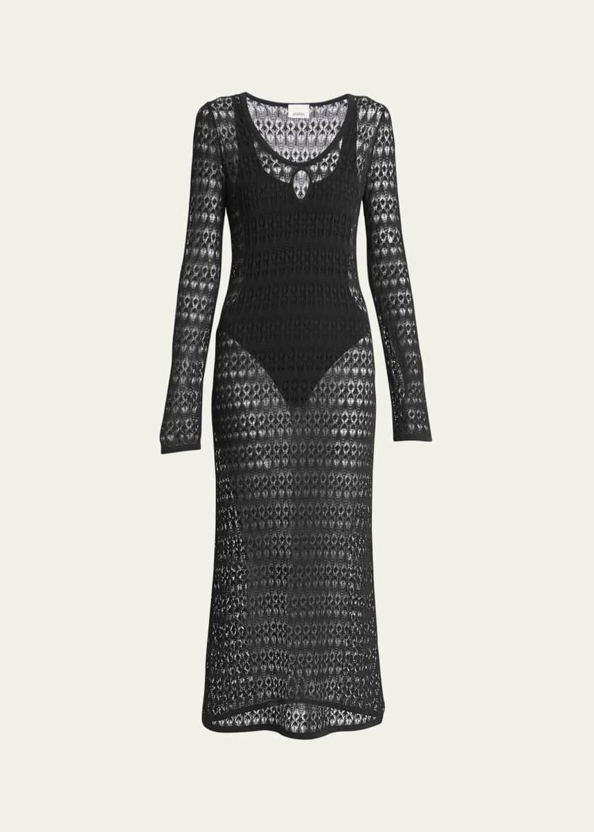 Vintage 90s Scoop Neck Bell Sleeve Split Backless Crochet Knit Maxi Dress