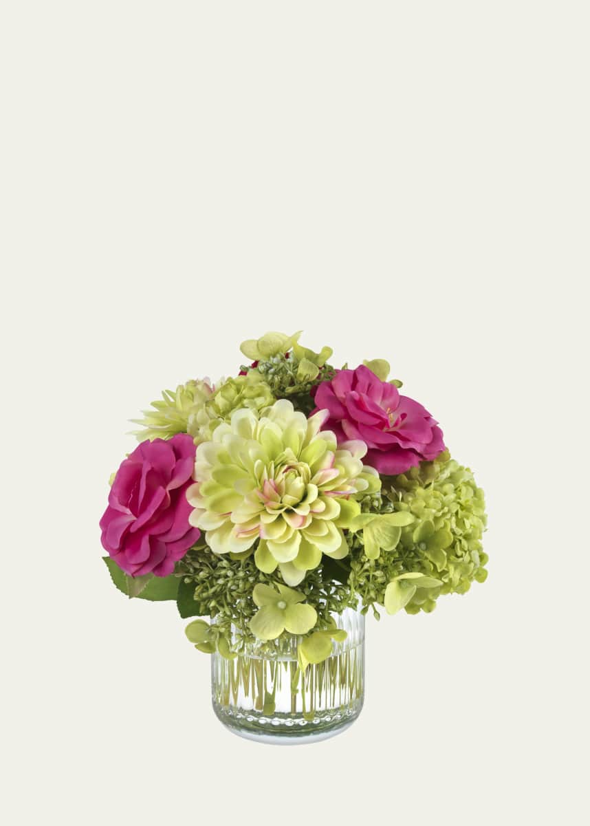 Diane James Light Green Dahlias and Pink Roses in a Ribbed Vase