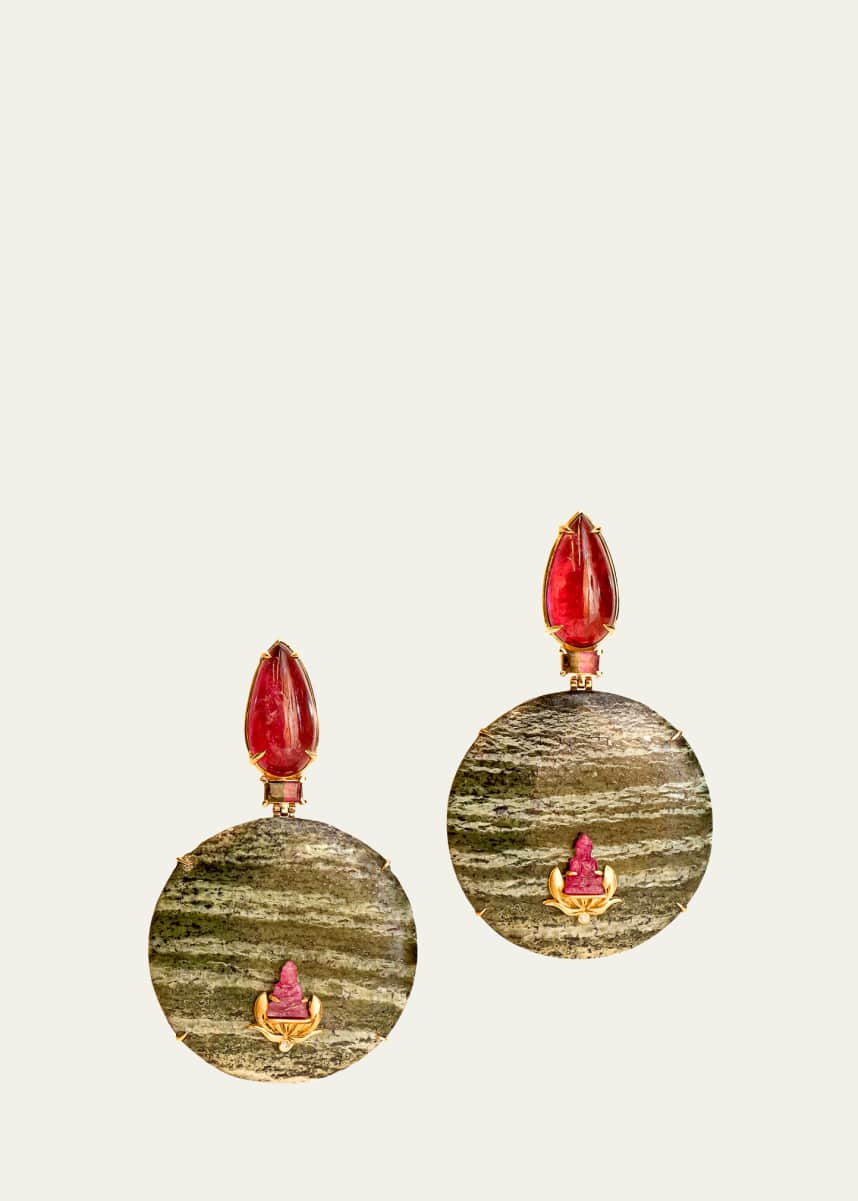 Silvia Furmanovich 18K Yellow Gold Ruby Chrysolite Buddha Drop Earrings with Pink Tourmaline, Bi-Color Tourmaline, and Diamonds