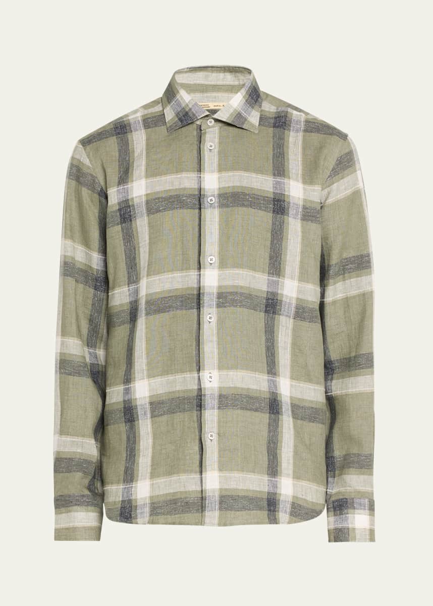 Baldassari Men's Linen-Cotton Plaid Sport Shirt