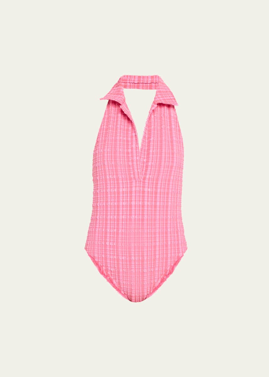 Lisa Marie Fernandez Striped Seersucker Polo One-Piece Swimsuit