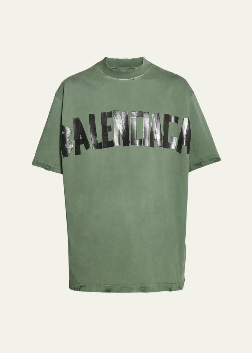 Balenciaga Men's Taped-Logo Distressed T-Shirt