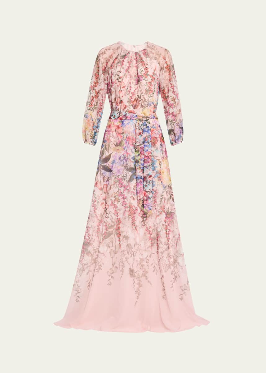 Rickie Freeman for Teri Jon Blouson-Sleeve Floral-Print Chiffon Gown