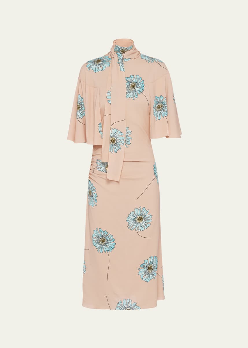 Prada Sable Gerbera Tie-Neck Midi Dress