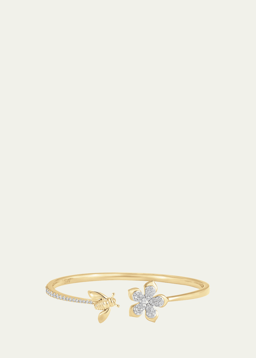Sara Weinstock 18K Two-Tone Gold Queen Bee Diamond Partial Flower And Bee Open Bangle Cuff