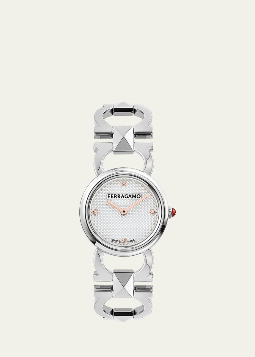 Ferragamo 25mm Double Gancini Stud Watch with Silver Dial, Stainless Steel