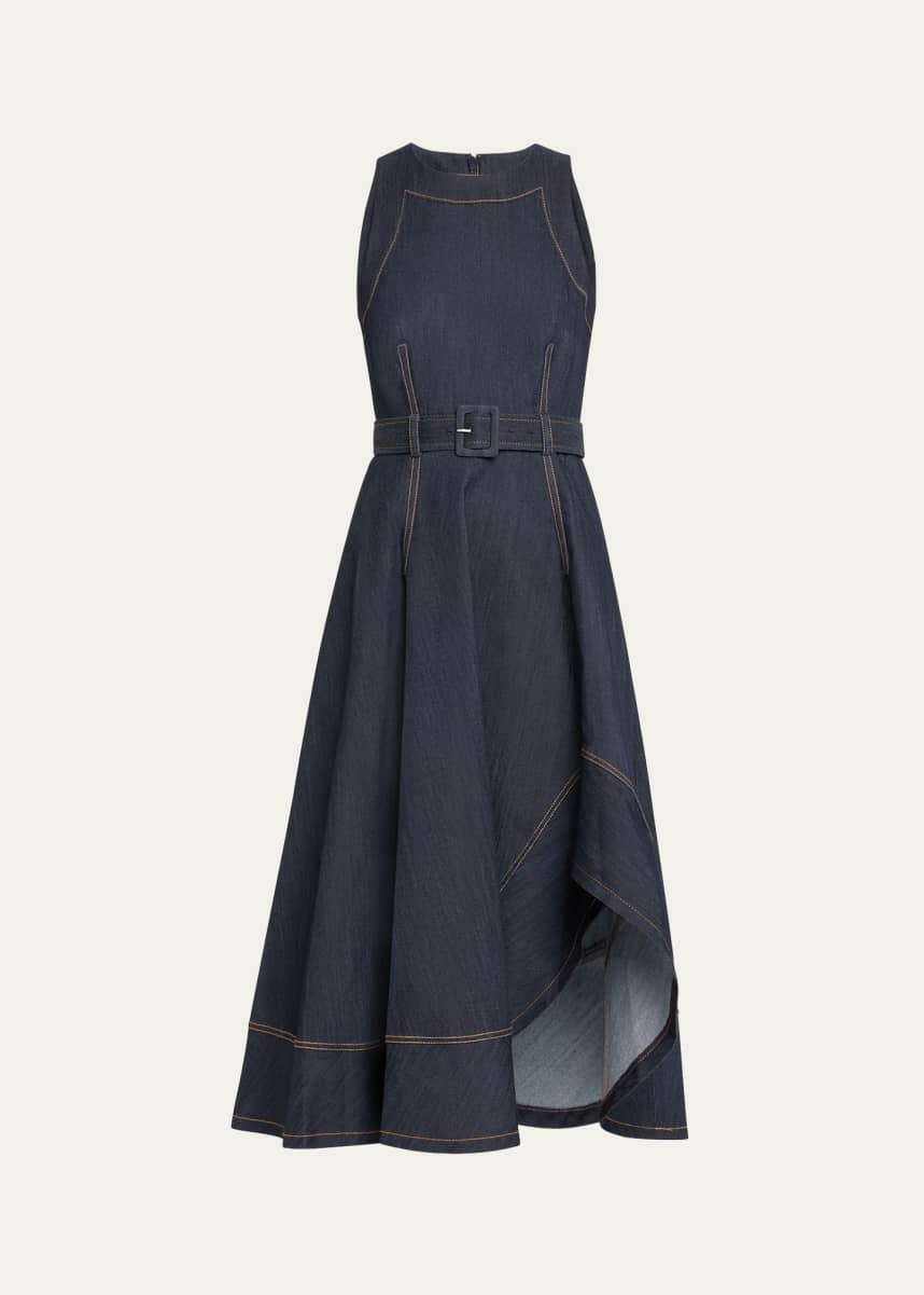 Cinq a Sept Zelda Belted Asymmetric Sleeveless Denim Midi Dress