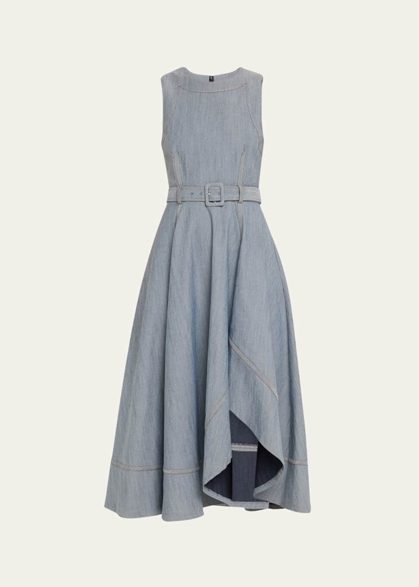 Cinq a Sept Zelda Belted Asymmetric Sleeveless Denim Midi Dress