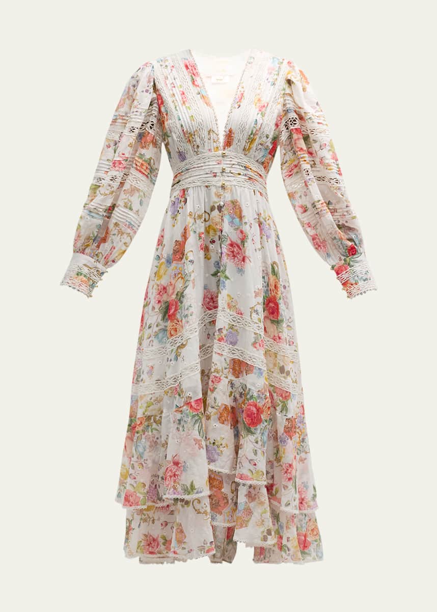Camilla Floral Cotton Button-Front Maxi Dress with Lace Inserts