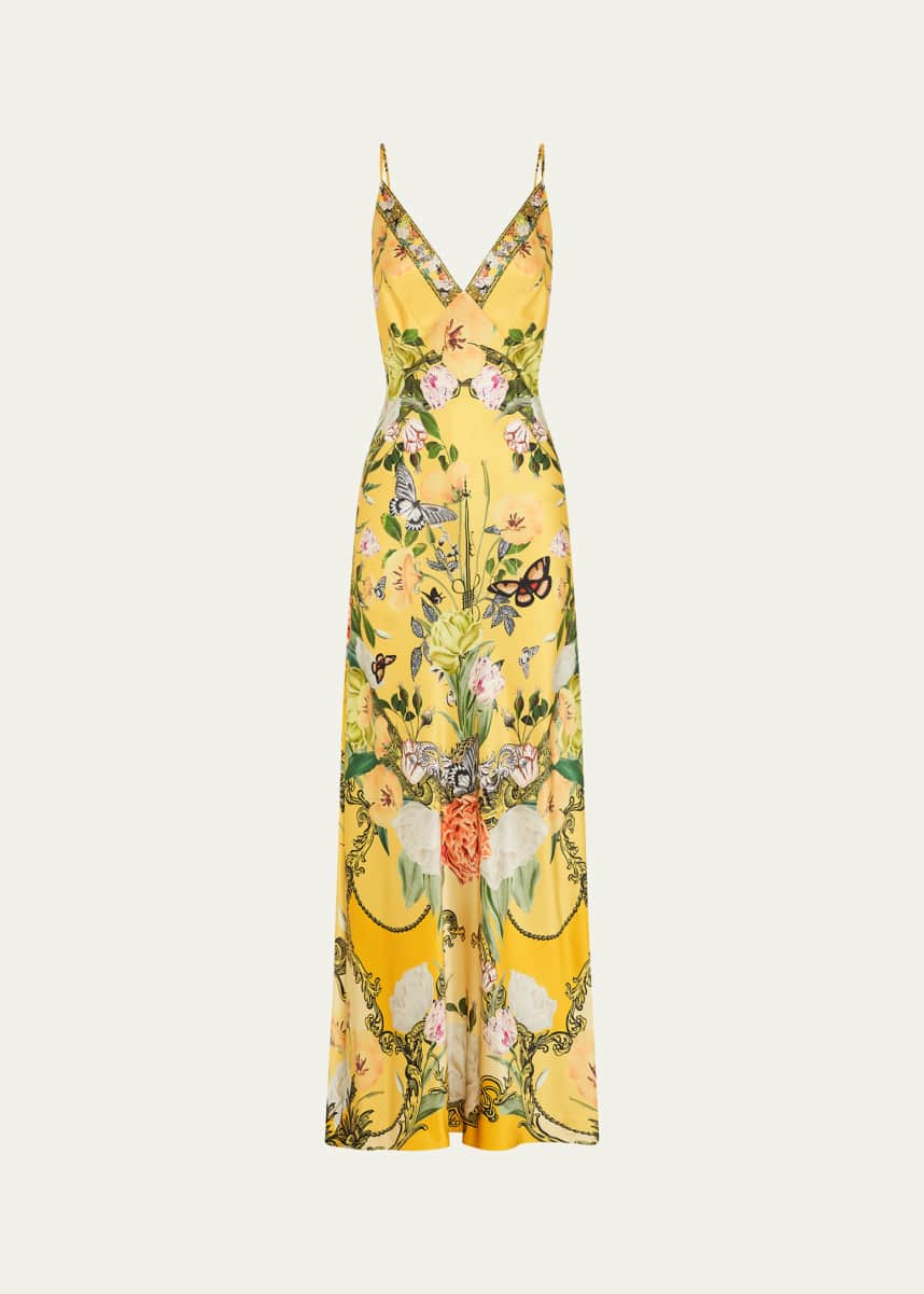 Camilla Floral Silk Long Bias Slip Dress with Train