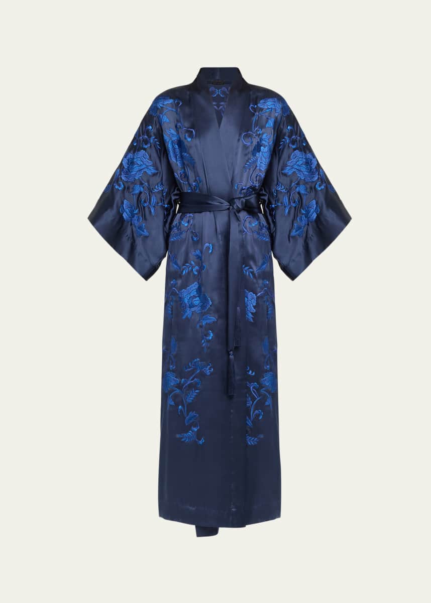 Josie Natori Malaga Floral-Embroidered Kimono-Sleeve Robe