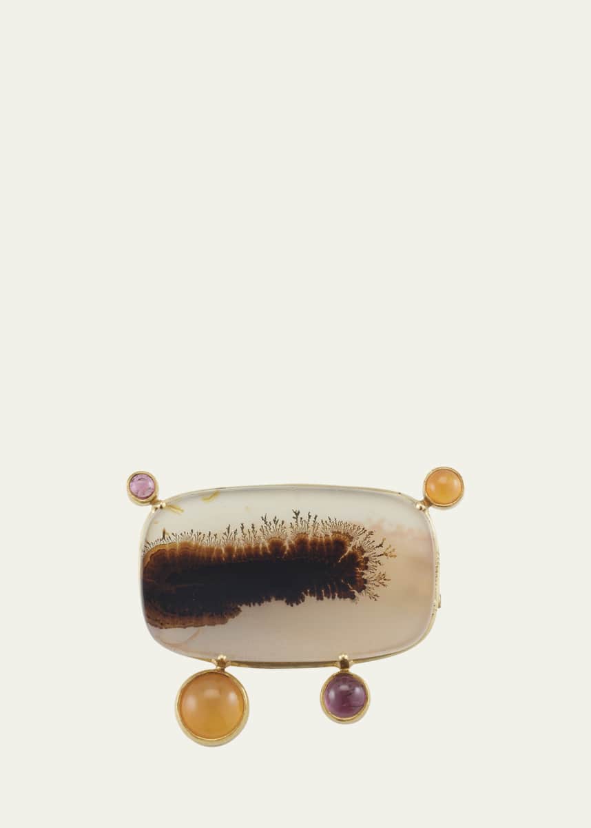 JUDY GEIB Dendritic Agate, Pink Tourmaline, and Carnelian Pin in 18K Yellow Gold