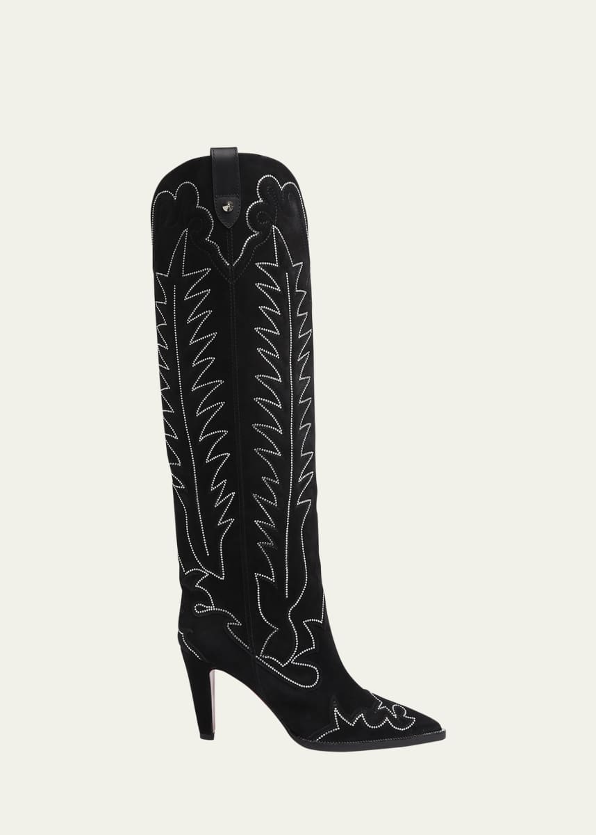 Christian Louboutin Santia Suede Strass Knee-High Red Sole Western Boots