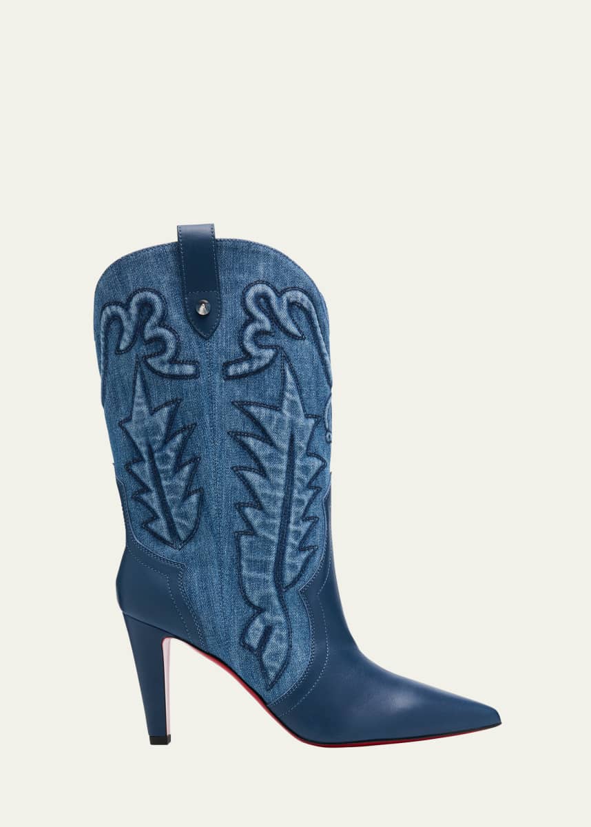 Christian Louboutin Embroidered Denim Red Sole Western Booties