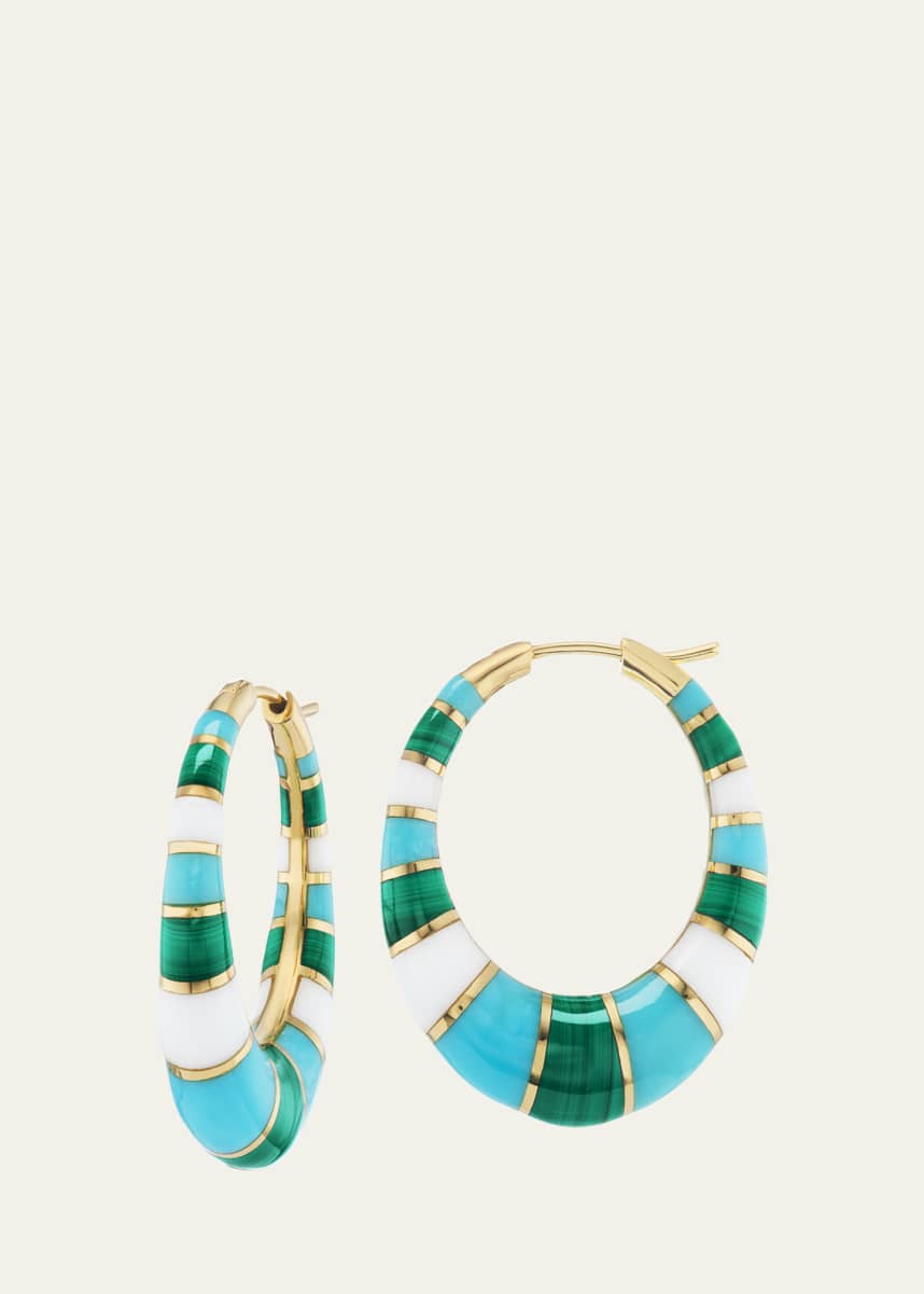 Orly Marcel 18K Yellow Gold Chunky Inlay Hoop Earrings with Malachite, Green Turquoise and White Onyx