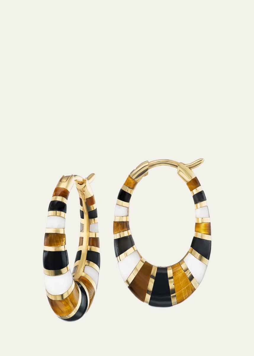 Orly Marcel 18K Yellow Gold Mini Inlay Hoop Earrings with Tigers Eye, Black and White Onyx