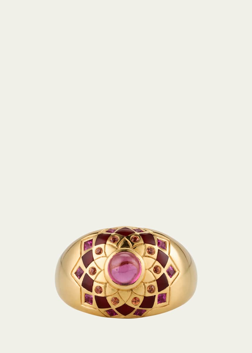 Orly Marcel 18K Yellow Gold Temple Mandala Dome Ring with Carnelian, Sapphires and Pink Tourmaline, Size 7