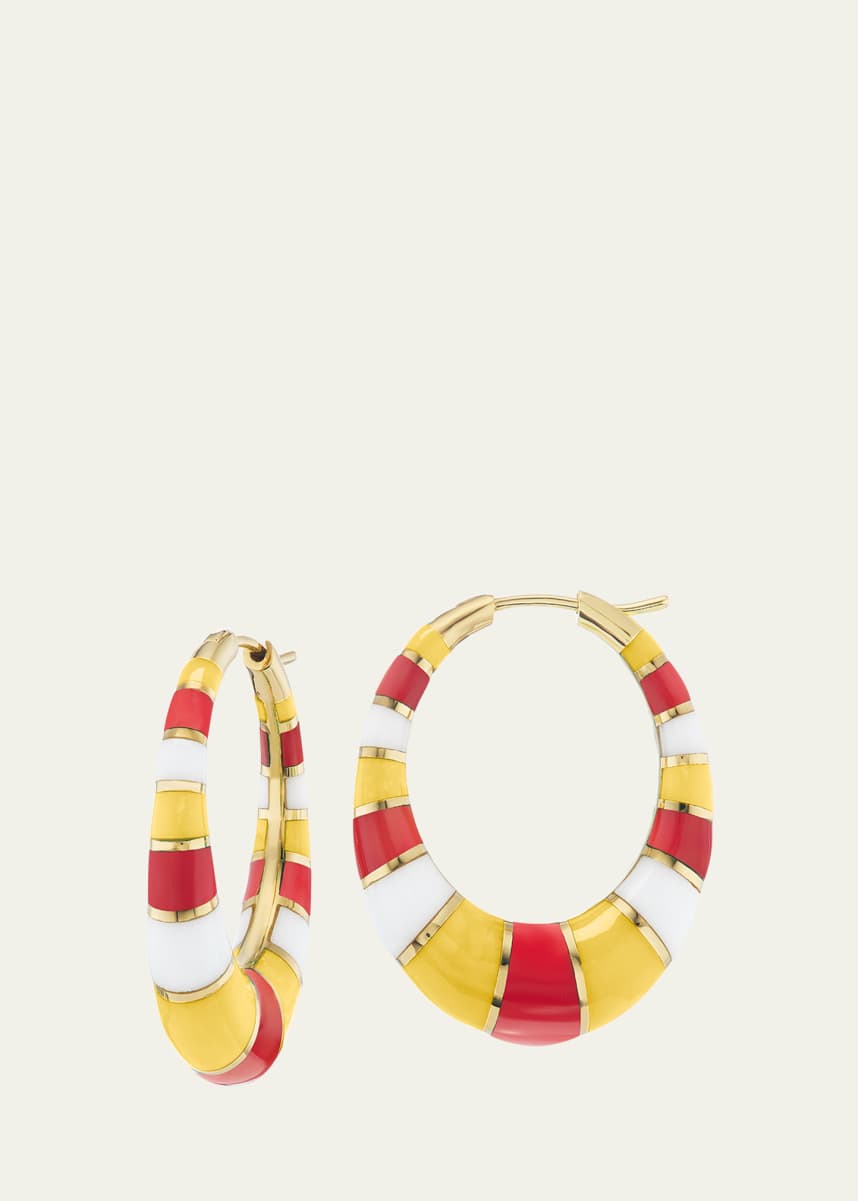 Orly Marcel 18K Yellow Gold Chunky Inlay Hoop Earrings with Coral, Yellow Agate and White Onyx