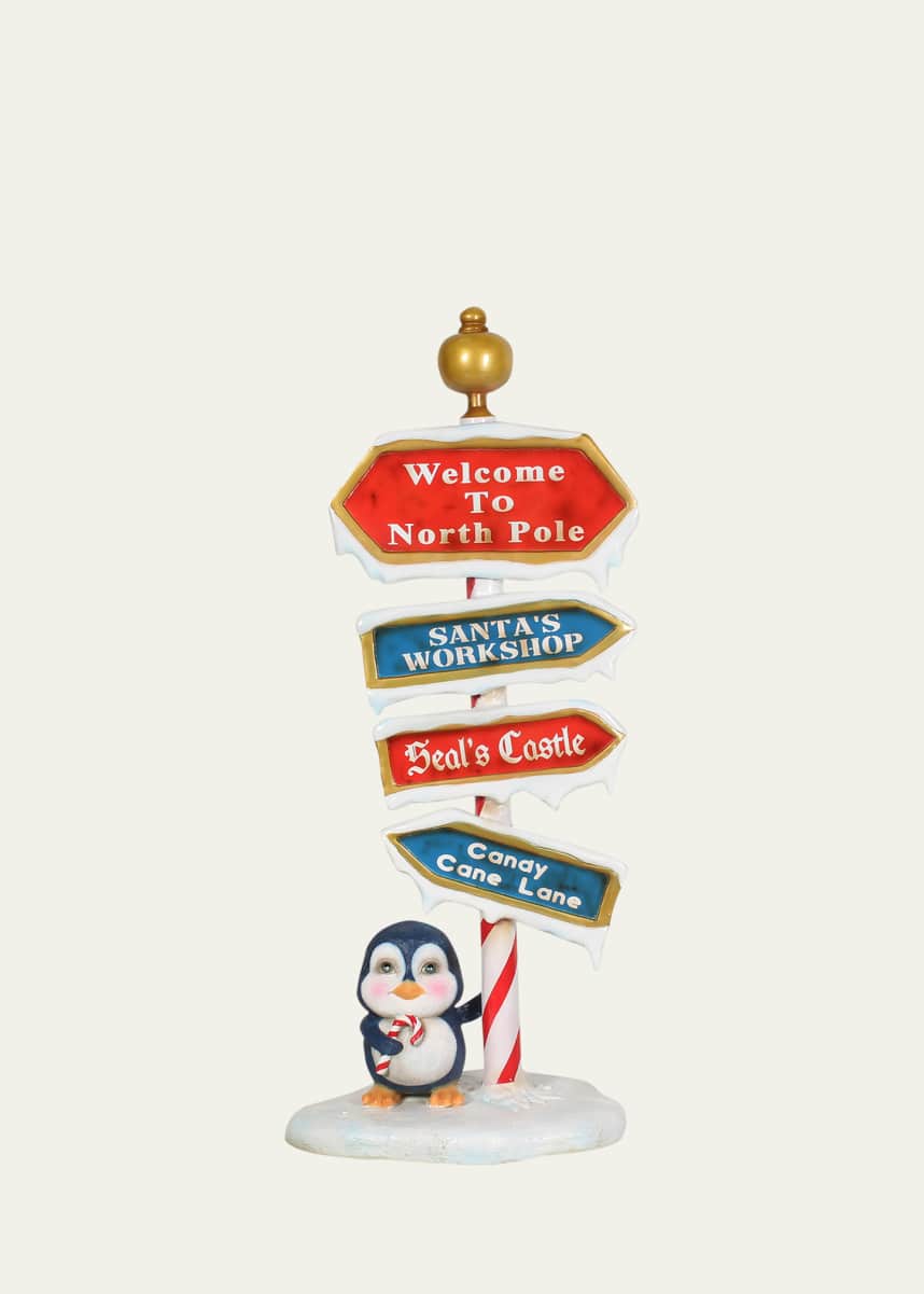 Universal Statues North Pole Sign with Baby Penguin Christmas Decoration