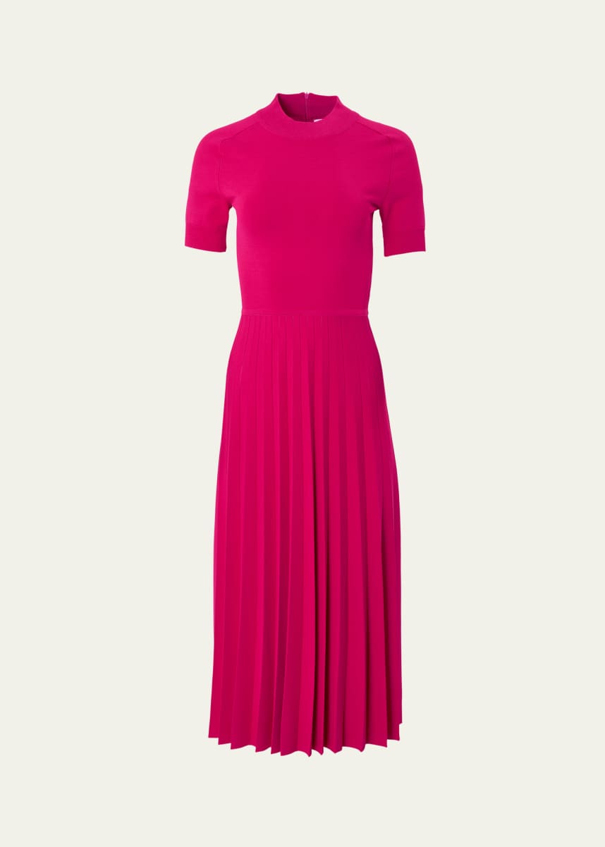 Carolina Herrera Mock Neck Pleated Knit Midi Dress