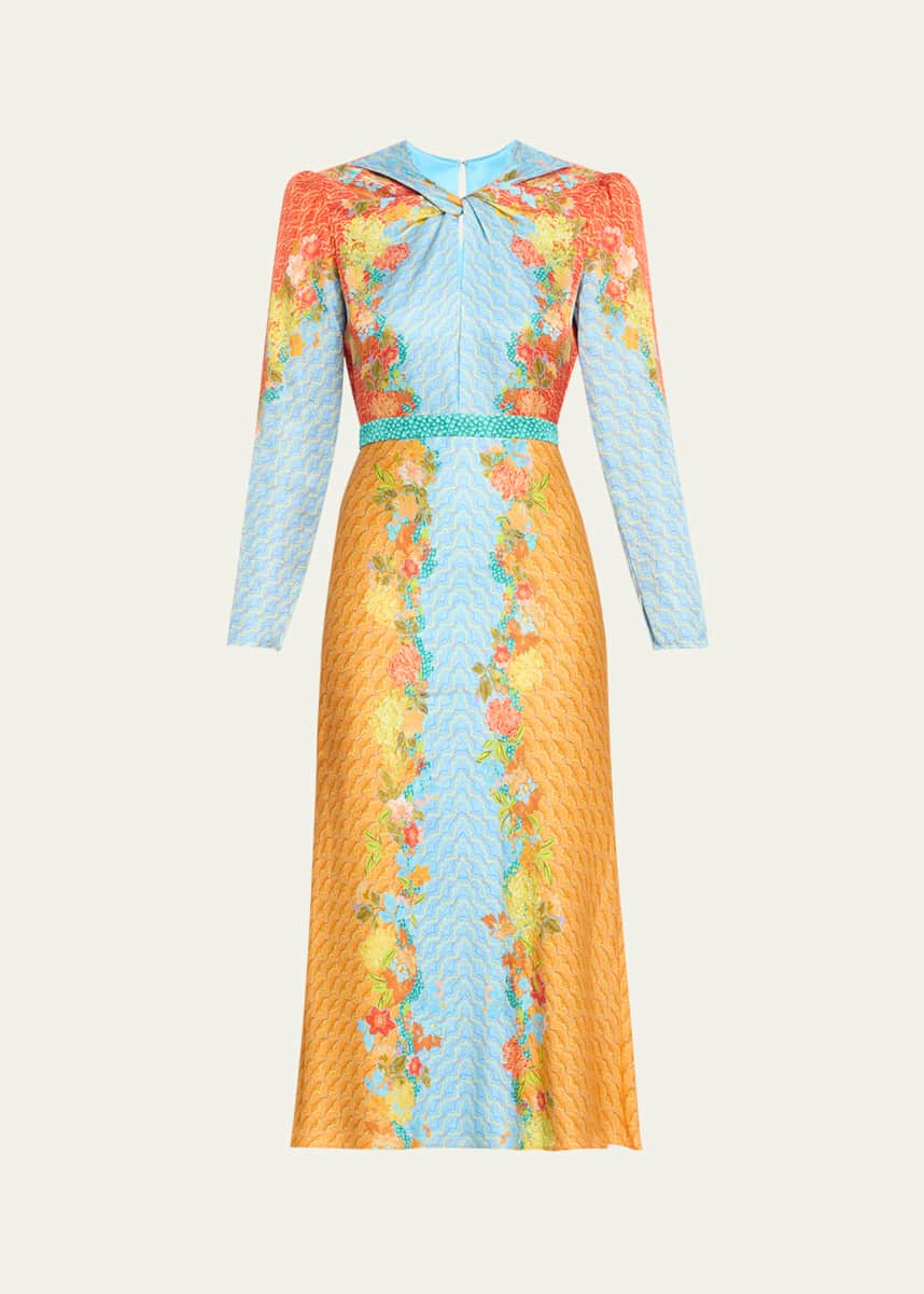 Saloni Claudia Floral Silk Long-Sleeve Fluted Midi Dress