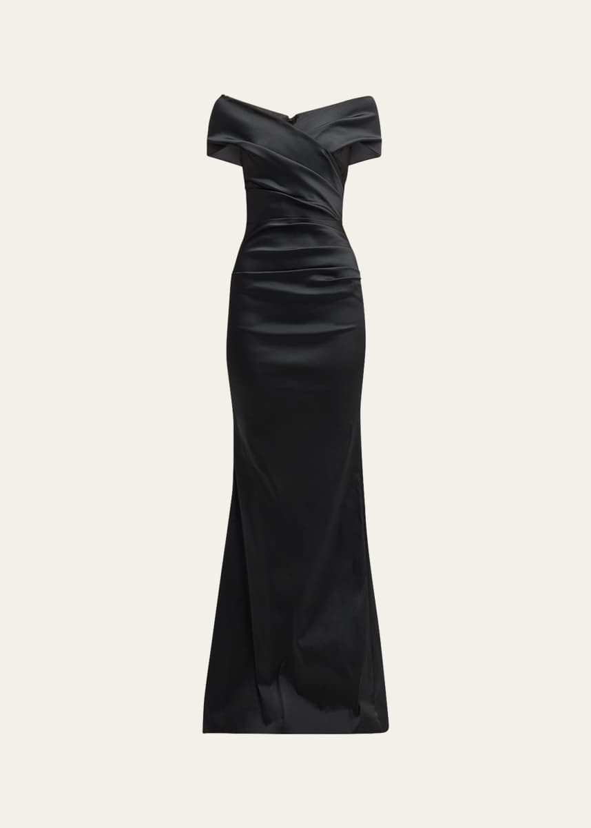 Rickie Freeman for Teri Jon Pleated Off-Shoulder Satin Column Gown
