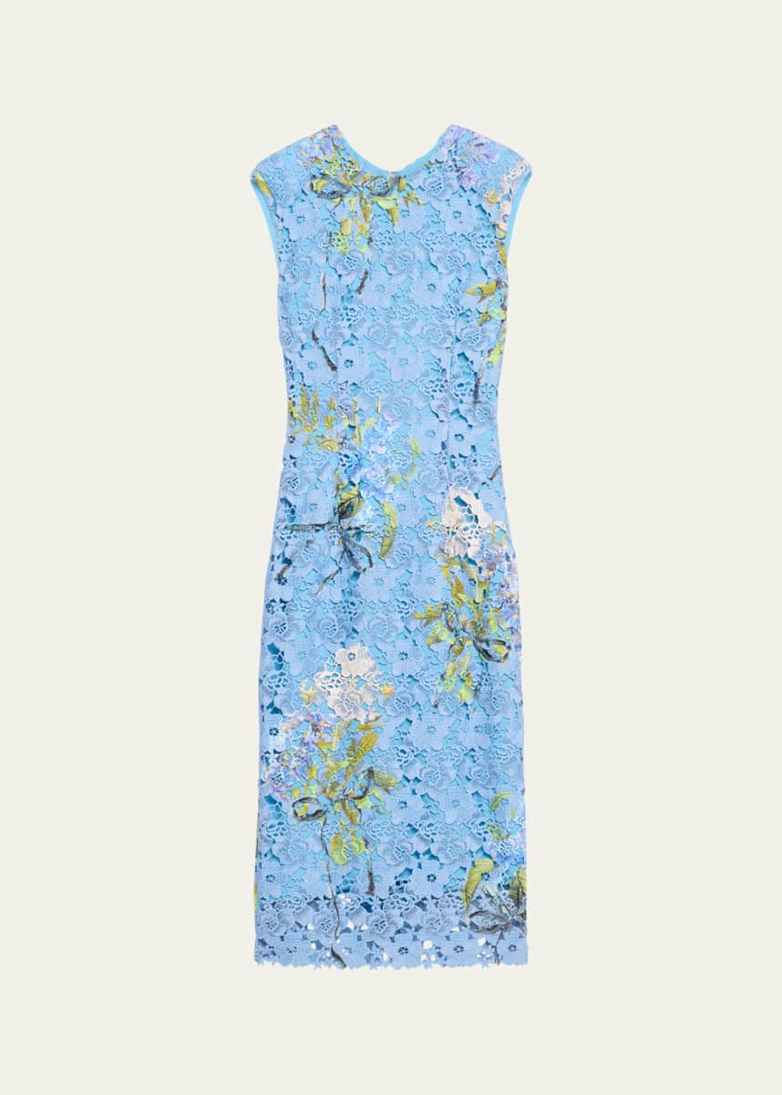 Monique Lhuillier Hydrangea-Print Guipure Lace Sheath Dress
