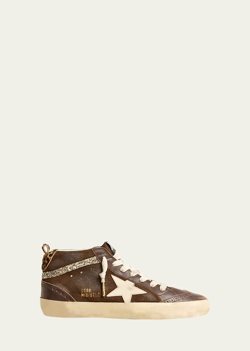 Golden Goose Midstar Mixed Leather Leopard Mid-Top Sneakers