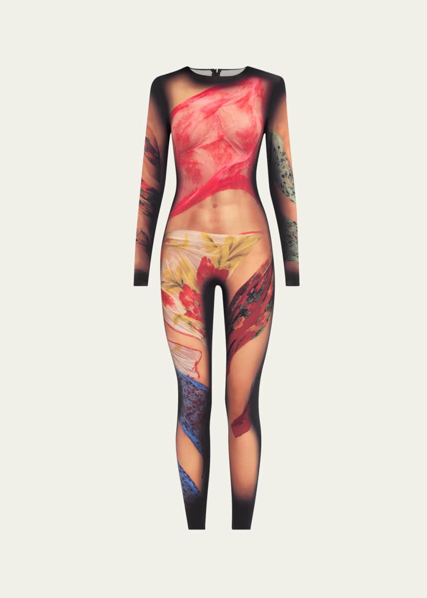 Marine Serre Floral Jewelry-Print Jersey Long-Sleeve Catsuit