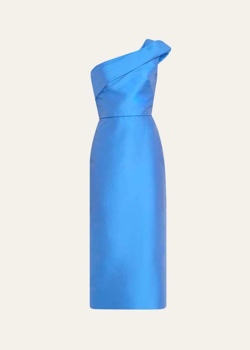 Monique Lhuillier Draped One-Shoulder Column Midi Dress