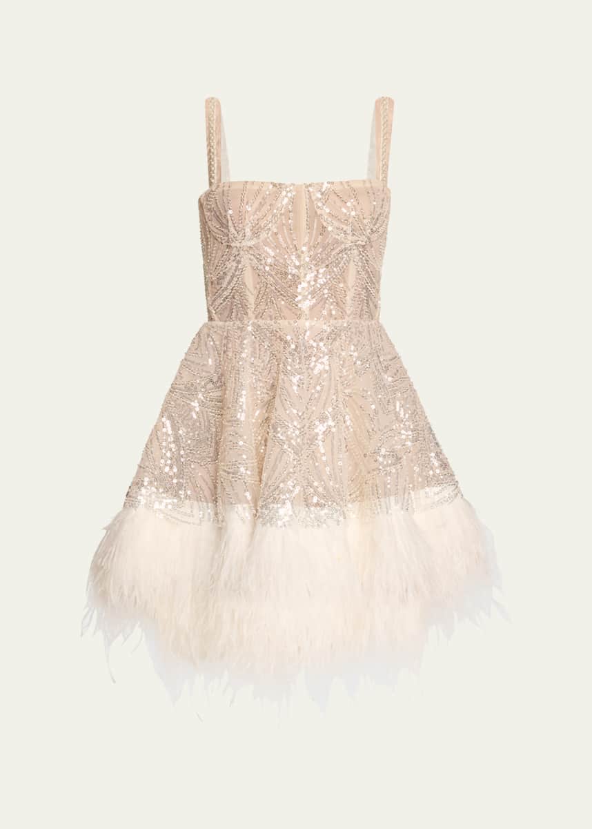 Bronx and Banco Mademoiselle Beaded Feather-Trim Mini Dress