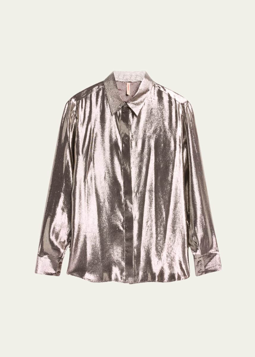 INDRESS Jane Button Down Shiny Silk Metallic Blouse