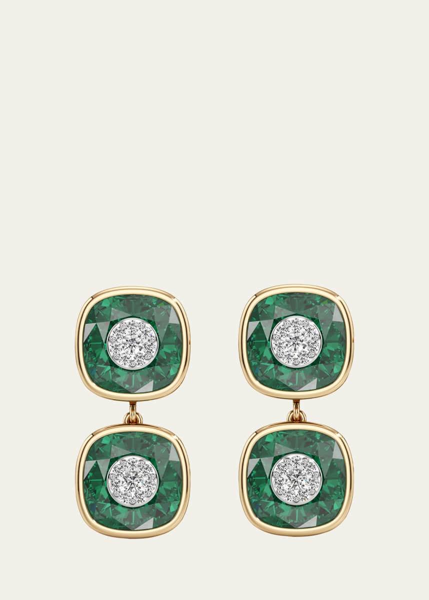 Bhansali 18K Yellow Gold One Collection Double Cushion Bezel Emerald and Diamond Earrings