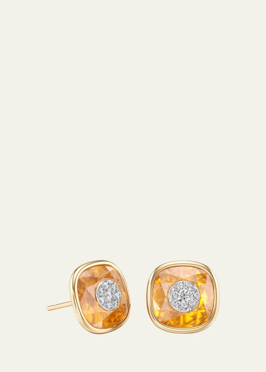 Bhansali 18K Yellow Gold One Collection Cushion Bezel Citrine and Diamond Earrings