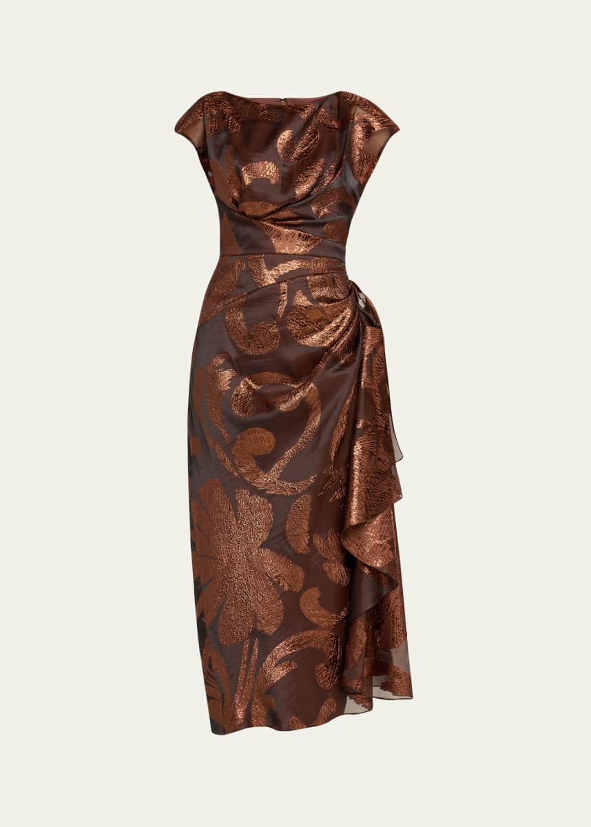 Lela Rose Florence Metallic Midi Dress with Draped Detail