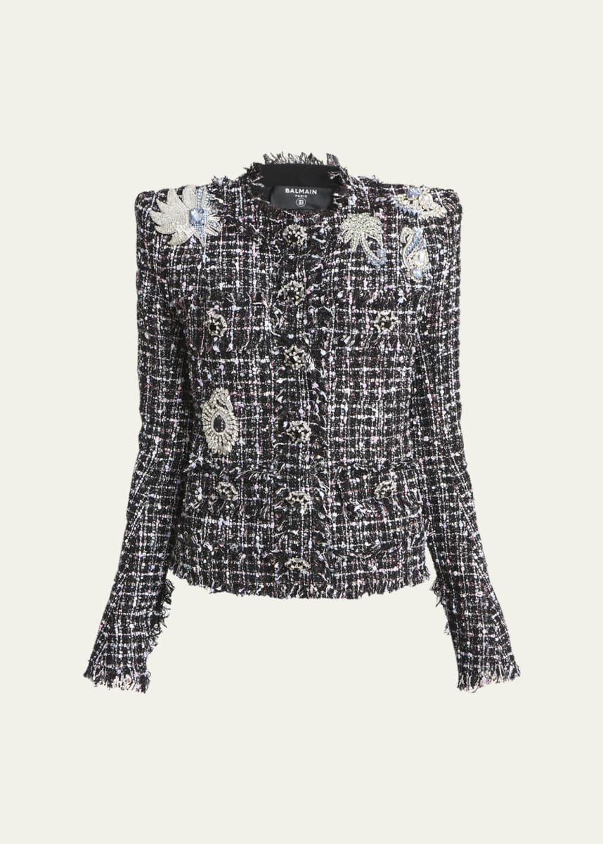 Balmain Crystal Patch Tweed Fringe Collarless Jacket