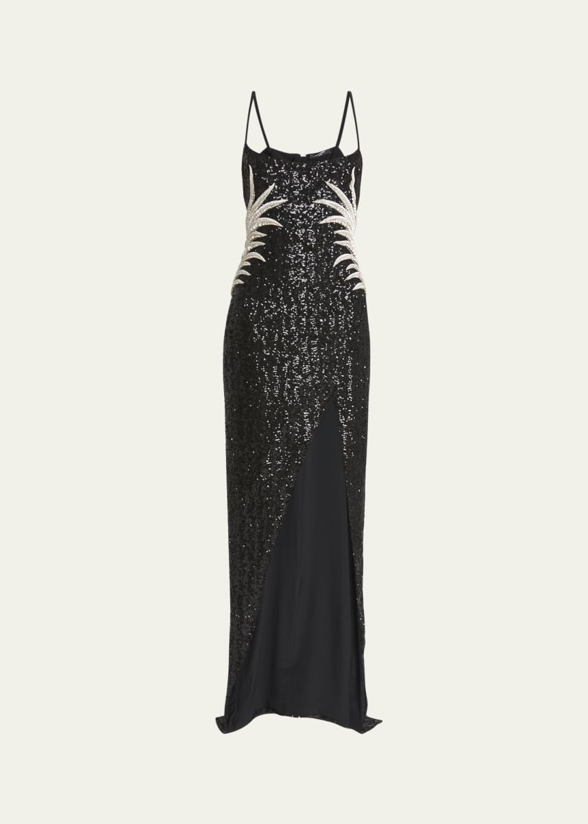 Balmain Sequin Embroidered Palm Tree Gown with Slit