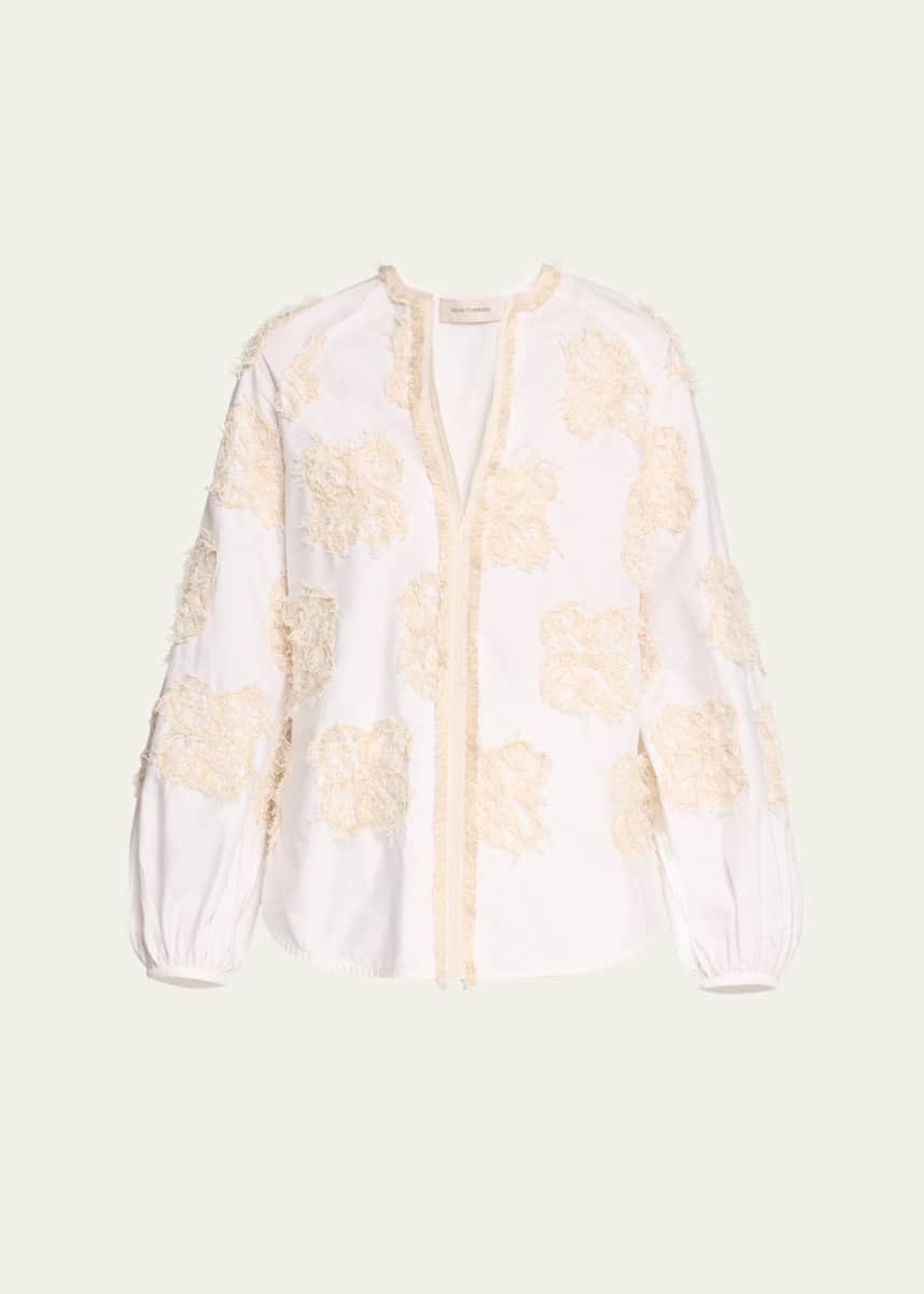 Silvia Tcherassi Molveno Fringed Flower Embroidered Long-Sleeve Blouse