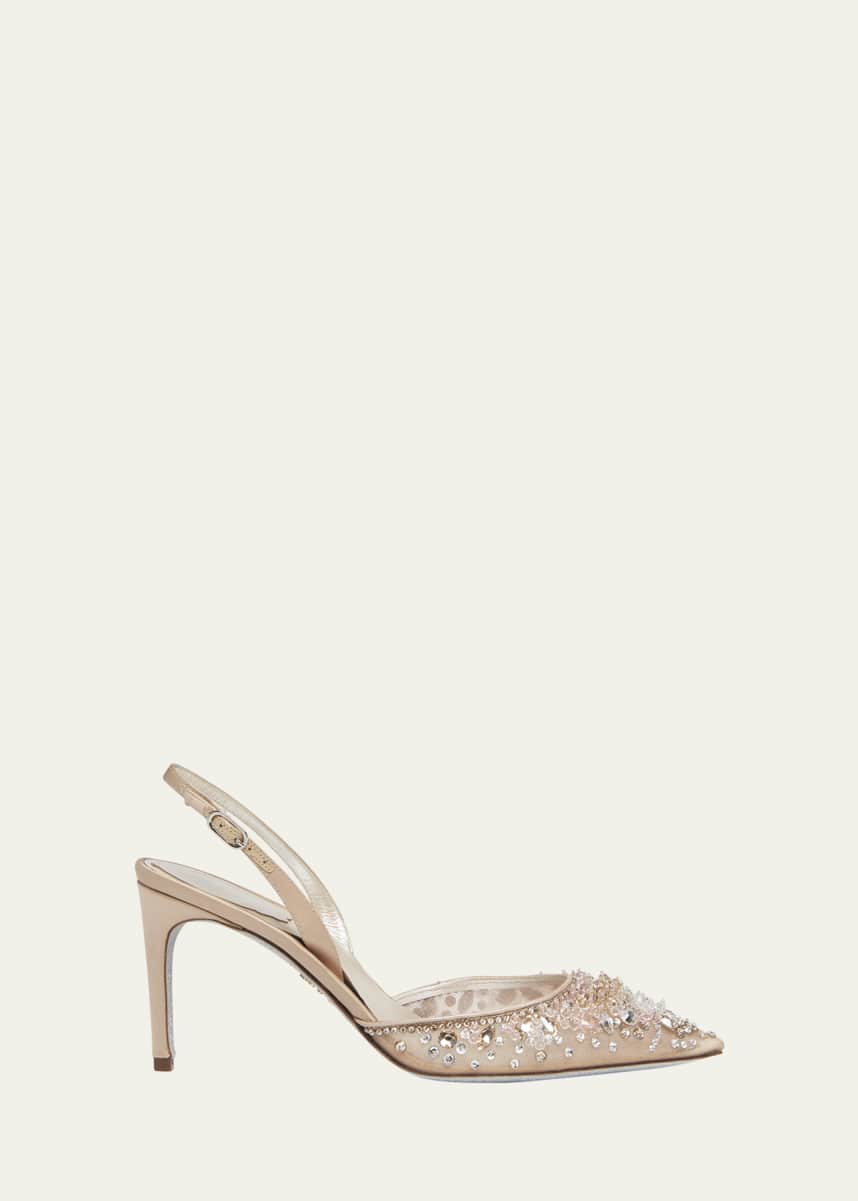 Beige Crystal Silk Pumps | Pointed Toe Embellished Party Heels main image 0
