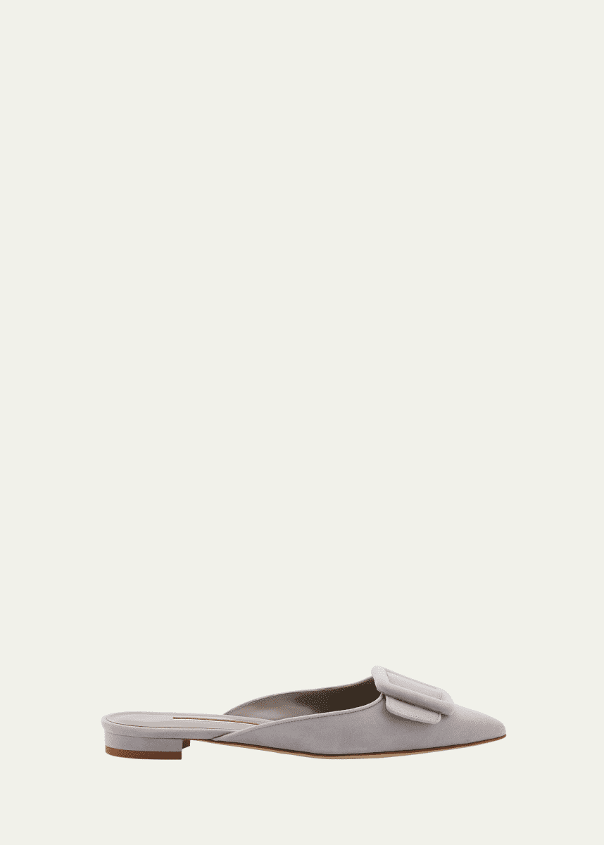 Manolo Blahnik Maysale Suede Buckle Ballerina Mules