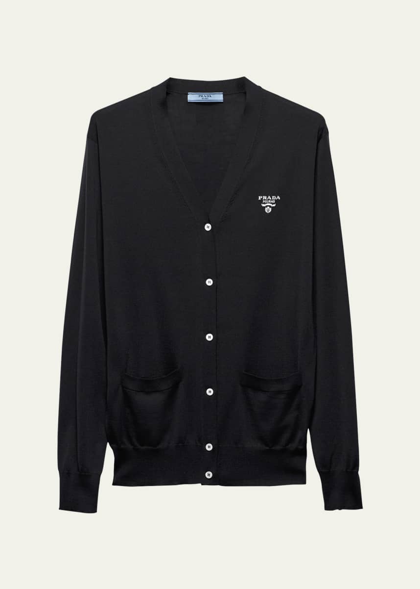 Prada Intarsia Logo Silk Knit Cardigan
