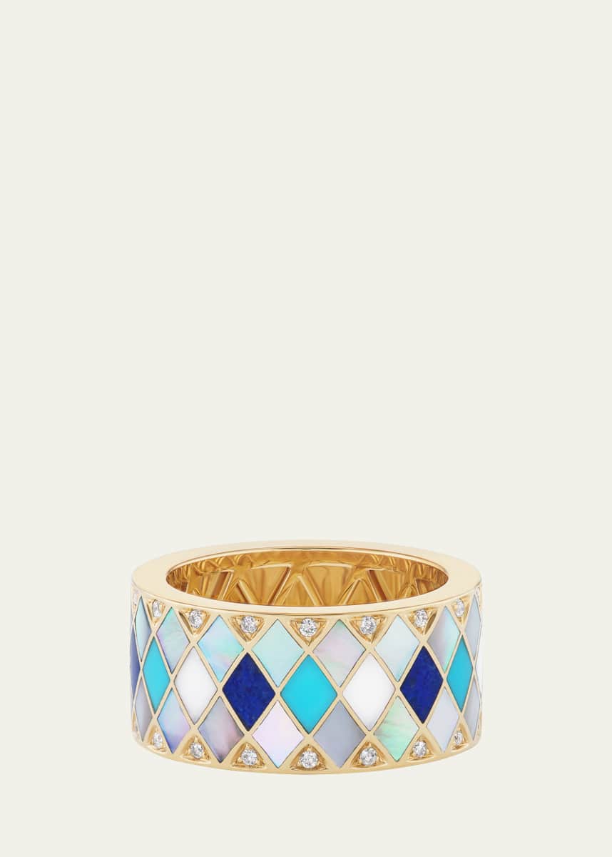 Orly Marcel 18K Yellow Gold Temple Tile Cigar Ring with Diamonds and Gemstones, Size 7