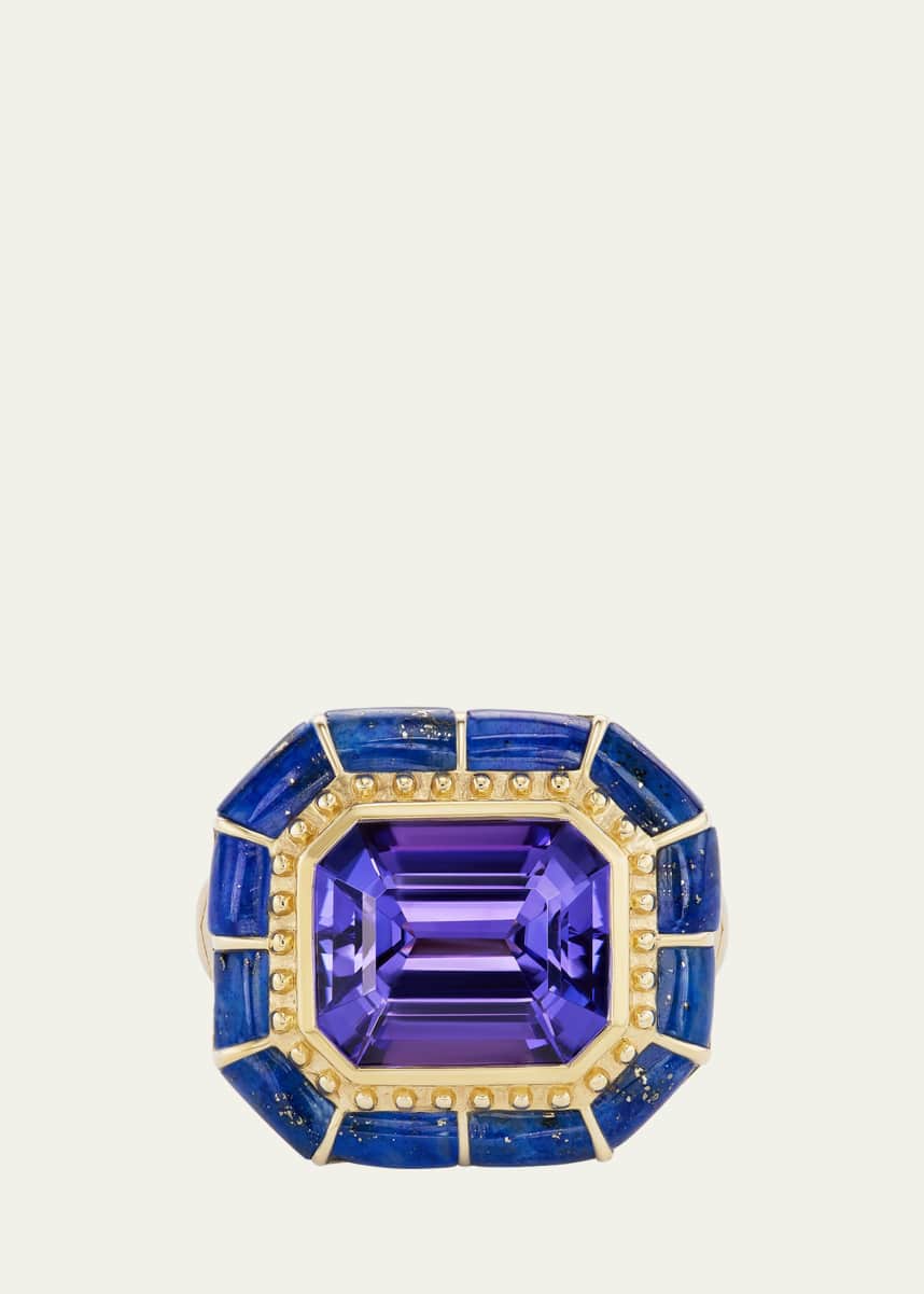 Orly Marcel OAK 18K Yellow Gold Tanzanite and Lapis Statement Ring, Size 6.5