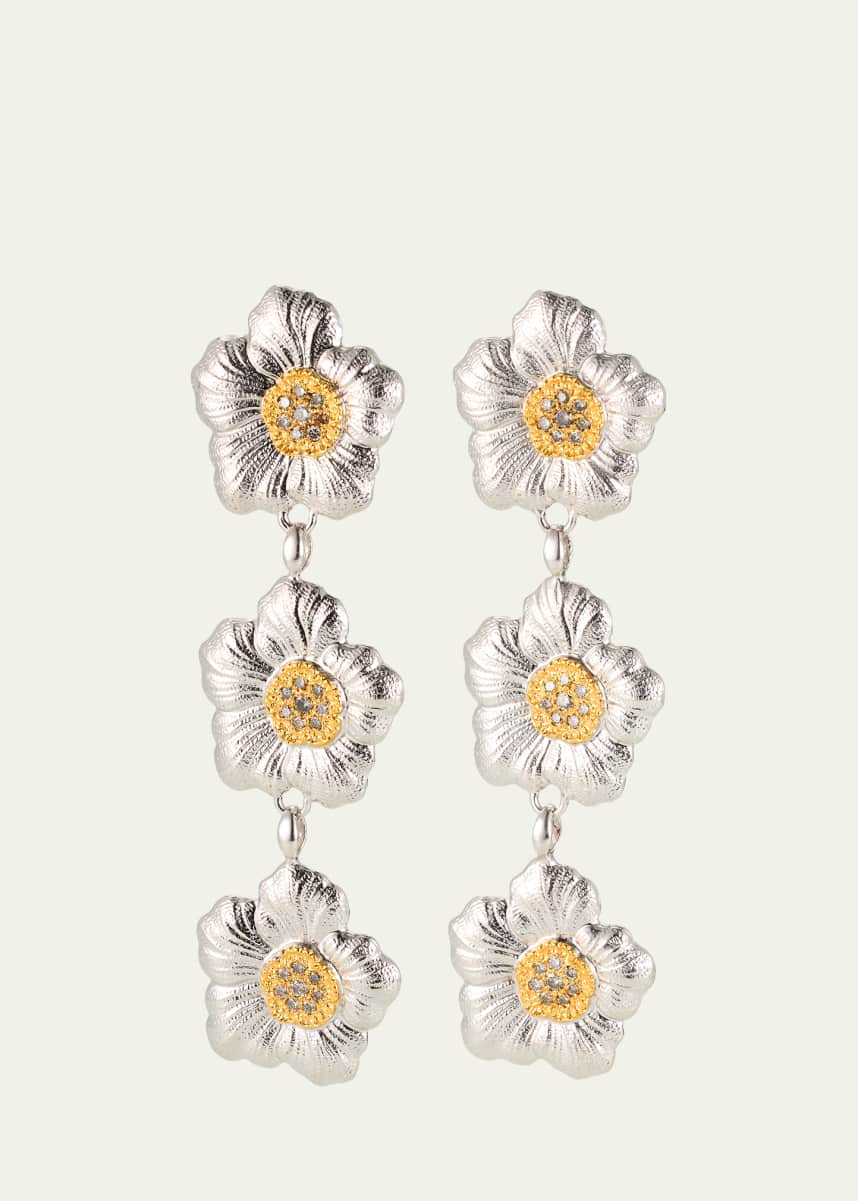 Buccellati Blossoms Gardenia Sterling Silver and 18K Yellow Gold Diamond Triple Drop Earrings