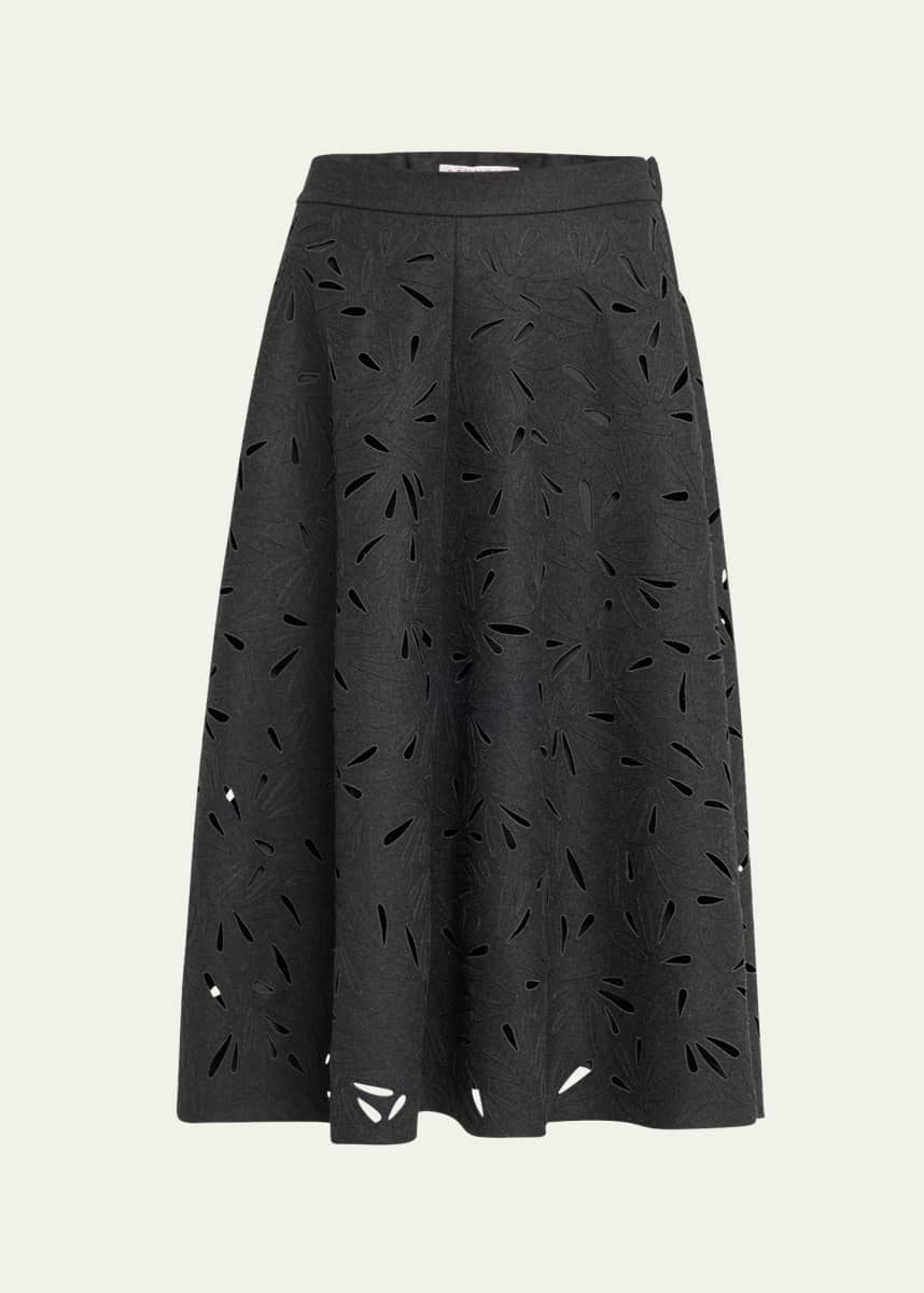 Brunello Cucinelli Flannel Wool A-Line Midi Skirt with Laser-Cut Floral Embroidery