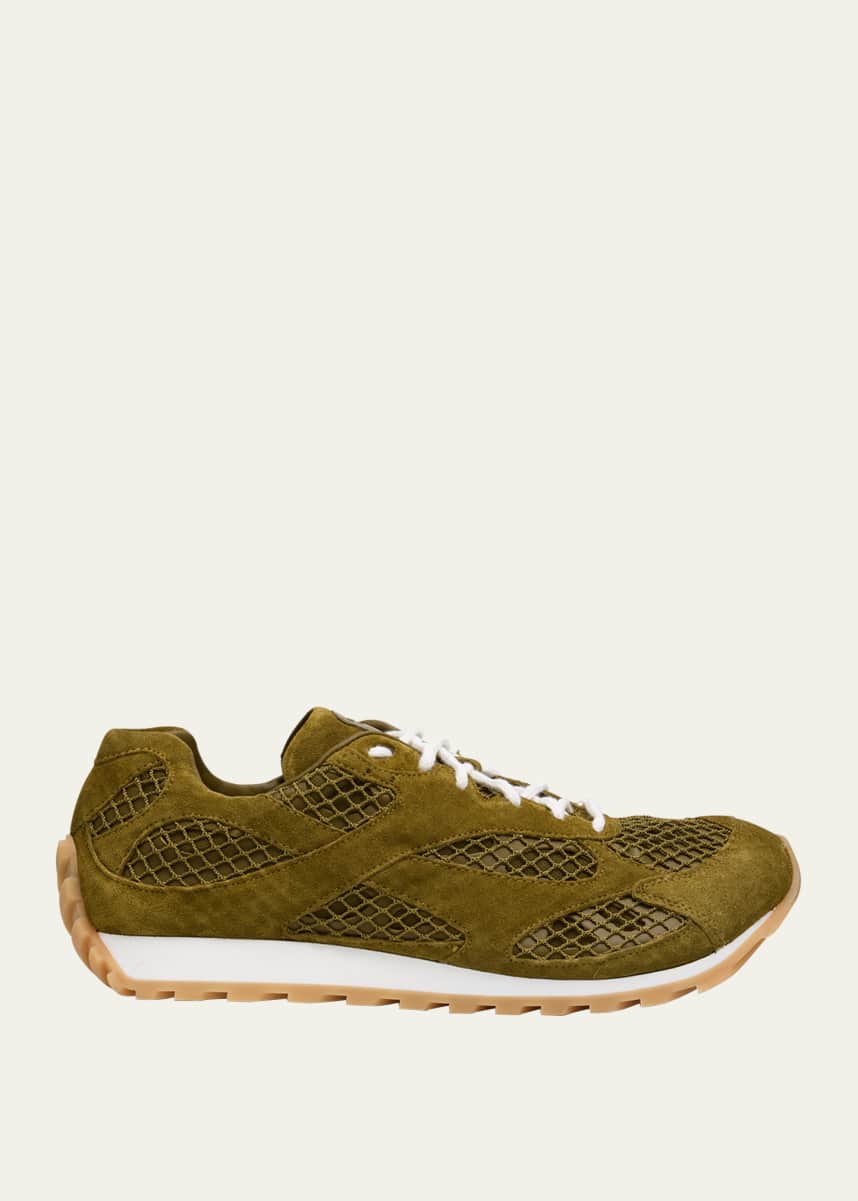 Bottega Veneta Men's Orbit Aged Leather and Fishnet Runner Sneakers