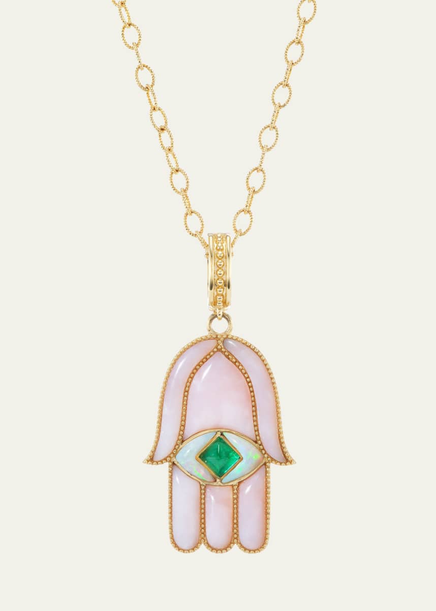 Orly Marcel 18K Yellow Gold Large Hamsa Amulet Necklace with Opal and Emerald
