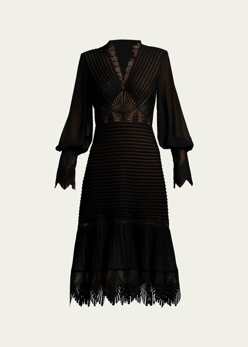 Tadashi Shoji Lace-Inset Pleated Chiffon Midi Dress