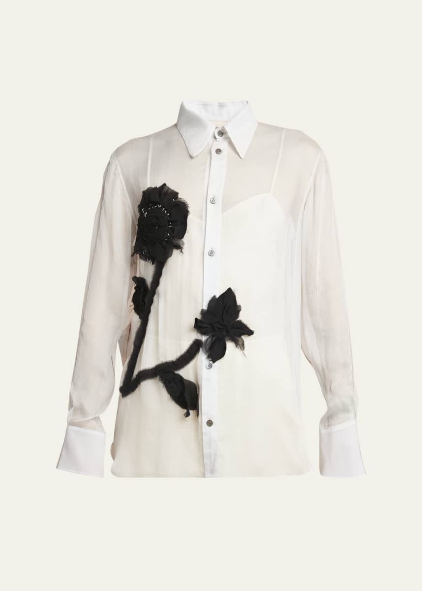 Marni Flower-Embroidered Bicolor Classic Long-Sleeve Silk Shirt
