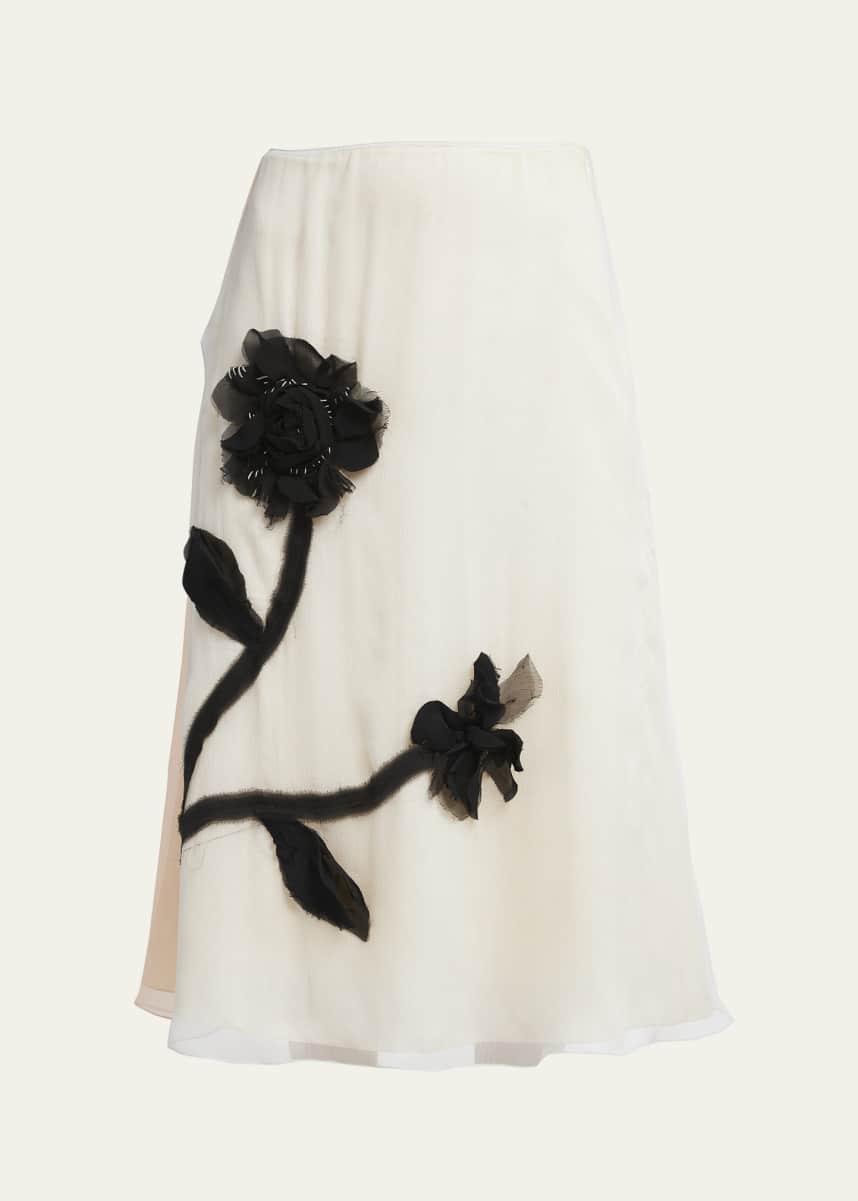 Marni 3D Flower Embroidered Bicolor Fluid Silk Midi Skirt